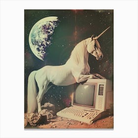 Retro Unicorn In Space With A Computer Retro Collage 1 Canvas Print
