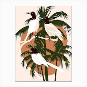 Three Birds Perched On A Palm Tree Canvas Print