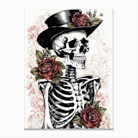 Floral Skeleton With Hat Ink Painting (51) Canvas Print