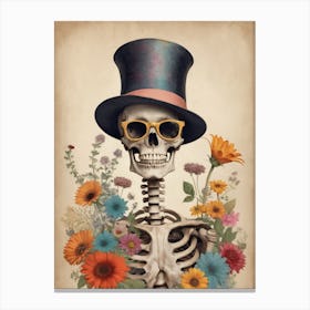 Vintage Floral Skeleton With Hat And Sunglasses (52) Canvas Print
