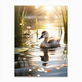 Fluffy Cygnet With Each Feather Catching The Soft Glimmers Of Sunset Swimming Through The Glassy S (1) Canvas Print