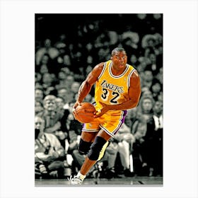 Magic Johnson Of The Los Angeles Lakers Dribbles The Ball Upcourt Against The Utah Jazz Canvas Print