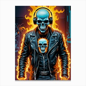 Fiery Skeleton Biker In Headphones, music, rock, colorful Canvas Print