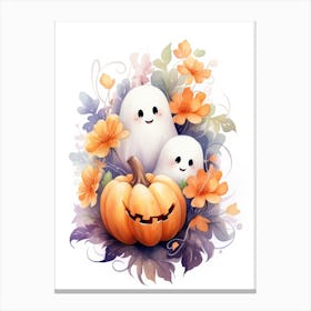 Cute Ghost With Pumpkins Halloween Watercolour 29 Canvas Print