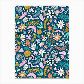 Wild Grass Adventures Happy Bugs in a Field Teal, Orange, Yellow, Pink Kids Canvas Print