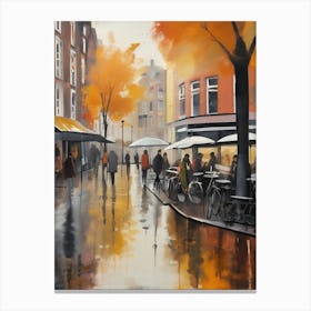 Amsterdam cafes, autumn season, rain, autumn oil colours.Faded colours,People passing on the street, winter clothes, rain umbrellas.5 2 Canvas Print