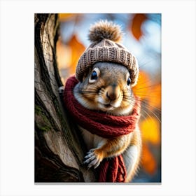 Close Up Squirrel Adorned With A Knitted Hat And Scarf Perched On A Gnarled Tree Branch Winter Ba Canvas Print