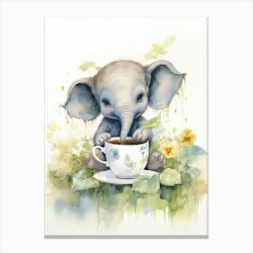 Elephant Painting Drinking Tea Watercolour 1 Canvas Print