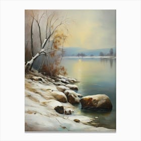 Ancient landscapes, old winter oil paintings and rocks around the lake bank. Snow is falling on the lake, old colors.2 1 Canvas Print