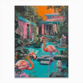 Retro Flamingoes In A Garden 1 Canvas Print