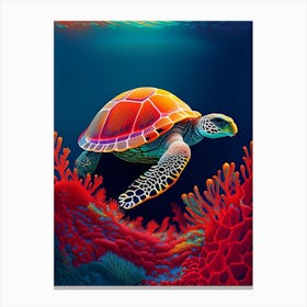 A Single Sea Turtle In Coral Reef, Sea Turtle Primary Colours 1 Canvas Print