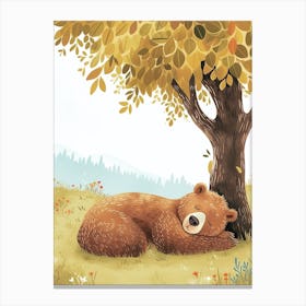 Brown Bear Laying Under A Tree Storybook Illustration 4 Canvas Print