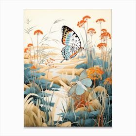 Butterflies In Wild Flowers Japanese Style Painting 2 Canvas Print