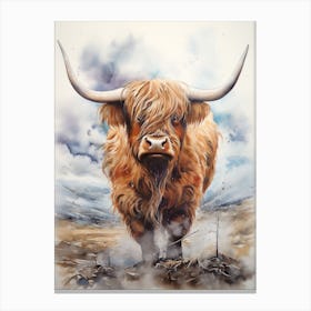 Watercolour Of Highland Cow In The Storm 5 Canvas Print