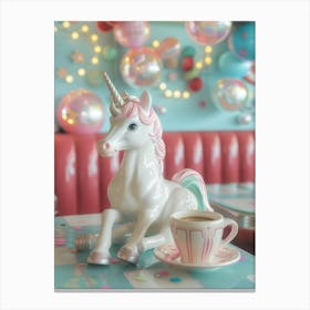 Toy Unicorn Drinking Coffee In A Diner Canvas Print