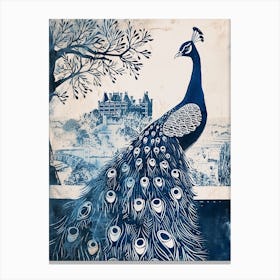Peacock Blue Linocut Inspired With A Castle In The Background 1 Canvas Print