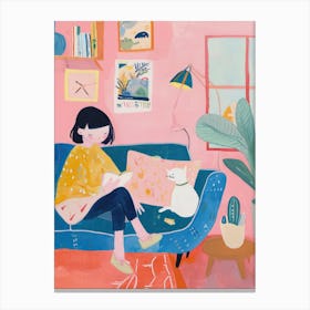 Girl In The Sofa With Pets Tv Lo Fi Kawaii Illustration 5 Canvas Print