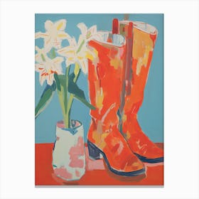 Painting Of White Flowers And Cowboy Boots, Oil Style 7 Canvas Print
