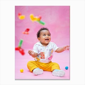 A Joyful Infant Engaging In Playful Interactions Surrounded By A Plethora Of Vivid Scattered Colo (7) Canvas Print