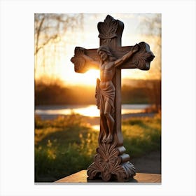 An Intricately Carved Wooden Cross Representing Faith Its Silhouette Beautifully Etched Against Thi (4) Canvas Print