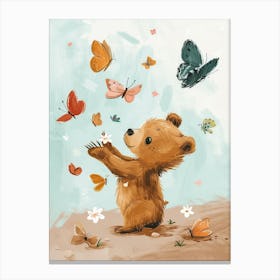 Brown Bear Cub Playing With Butterflies Storybook Illustration 3 Canvas Print