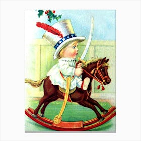 Little Boy Riding A Wooden Horse, Patriotic Holiday Greeting Canvas Print