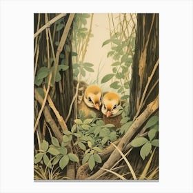 Ducklings In The Leaves Japanese Woodblock Style 2 Canvas Print