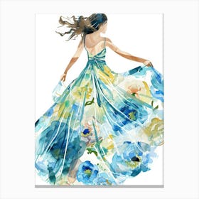 Watercolor Floral Girl In Blue Dress Canvas Print