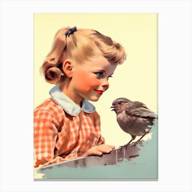 Vintage Retro Kids With Bird Illustration Kitsch 2 Canvas Print