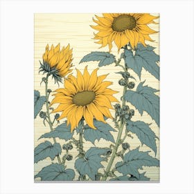 Himawari Sunflower 2 Vintage Japanese Botanical Canvas Print