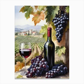 Vines,Black Grapes And Wine Bottles Painting (16) Canvas Print