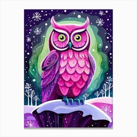 Pink Owl Snowy Landscape Painting (126) Canvas Print