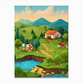 Cartoon Landscape With Houses And Trees Wall Art For Living Room Canvas Print