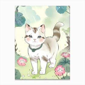 A Cute Anime Cat In A Forest With Flowers Canvas Print