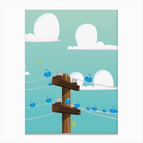 Cute cartoon birds on a telegraph line. Canvas Print
