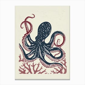 Linocut Inspired Navy Red Octopus With Coral 2 Canvas Print