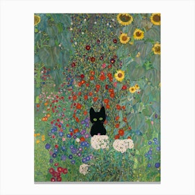 Gustav Klimt Style, Farm Garden With Sunflowers And A Black Cat 2 Canvas Print