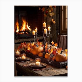 Autumn Table Decoration Cascading Leaves Of Warm Hues Rest Atop Smooth Pumpkins With Textured Exter (2) Canvas Print