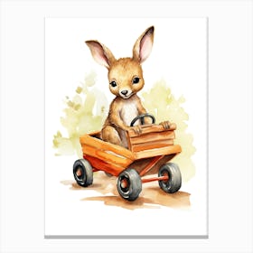 Baby Kangaroo On Toy Car, Watercolour Nursery 3 Canvas Print
