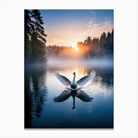 Swan In Flight With Wings Wide Spread Over A Blue Lake At Sunset Centered Amidst A Dense Forest Wit Canvas Print