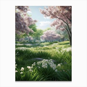 A Peak Into A Vibrant And Lush Park The Vivid Greens Of Spring Foliage Captured In A Soft Blur Add (3) Canvas Print