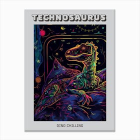 Neon Dinosaur Line Illustration Relaxing 2 Poster Canvas Print