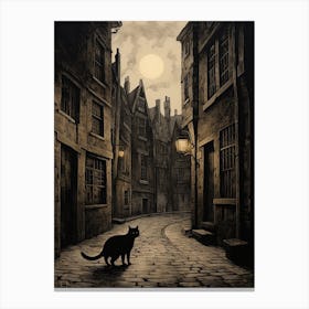 Black Cat Roaming A Smoky Medieval Street Canvas Print