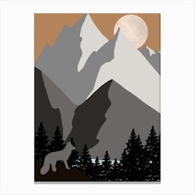 Mountain Wolf Trees Nature Moon Landscape Peaks Hills Black Grey Canvas Print