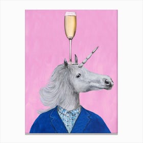 Unicorn With Champagne Glass Pink & Blue Canvas Print