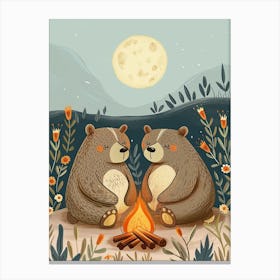 Two Sloth Bears Sitting Together By A Campfire Storybook Illustration 2 Canvas Print
