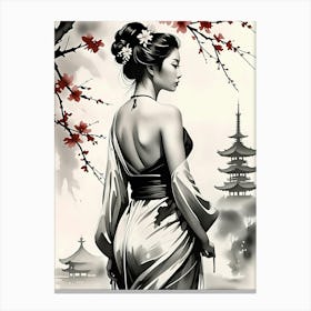 Geisha and Pagoda Japanese Art Canvas Print