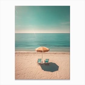 Two Sun Chairs And Blue Umbrella Summer Photography Canvas Print