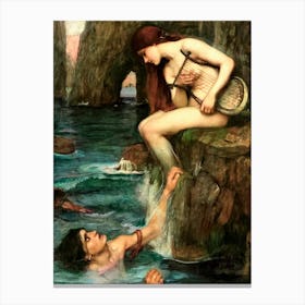 The Siren by John William Waterhouse - Famous Vintage Mermaid Witchy Pagan Mythological Art Dreamy Romantic Alluring Hypnotising Canvas Print
