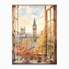 Window View Of London United Kingdom In Autumn Fall, Watercolour 3 Canvas Print